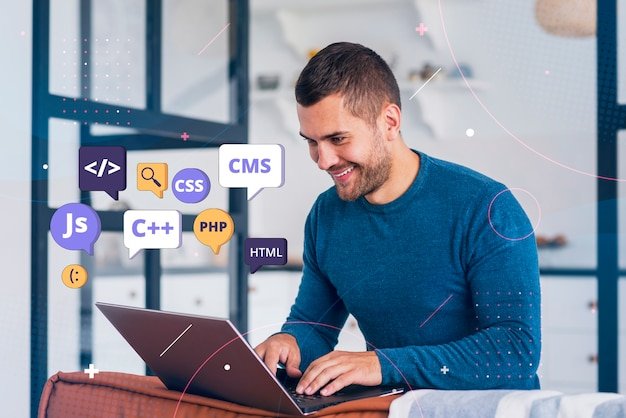 Smiling developer with coding icons