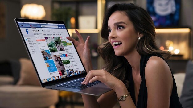 Woman using laptop for social media